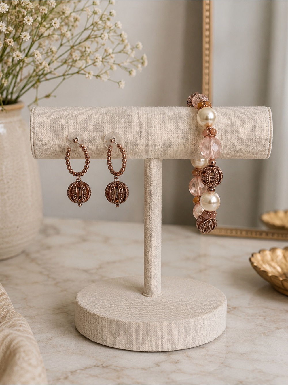 Charter Club Rose Gold Beaded Jewelry Set NWT Bracelet & Hoop Drop Earrings